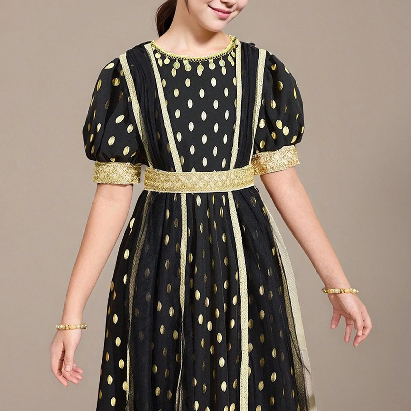 

Vintage Polka Dots Dress for Girls Halloween Cosplay Princess Dress Gold Trims Puffy Sleeve Ruffle Long Dress Stage Performance