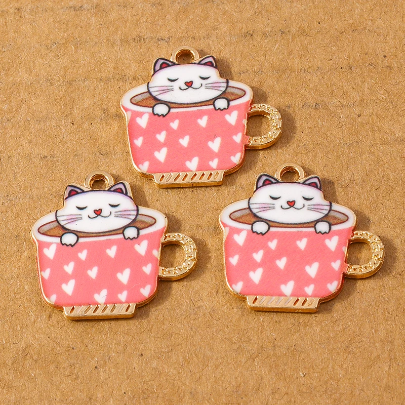 10pcs Cute Enamel Animal Cat Coffee Cup Charms Pendant for Jewelry Making Earrings Necklace DIY Bracelet Accessories Supplies