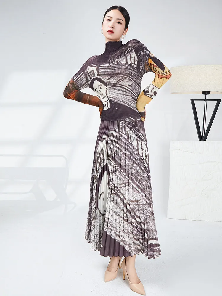 Pleated, Slim-Fitting Turtleneck Top and Pleated Skirt Two-Piece Set, Impressionistic Portrait Print Casual Skirt Set