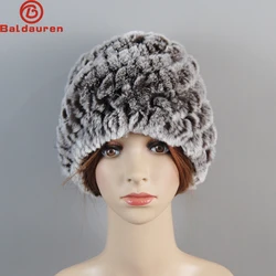 2024 Winter Warm Russian Lady Real Rex Rabbit Fur Hats Women Knitted Outdoor Real Fur Knit Skullies Beanies Natural Fluffy Hats