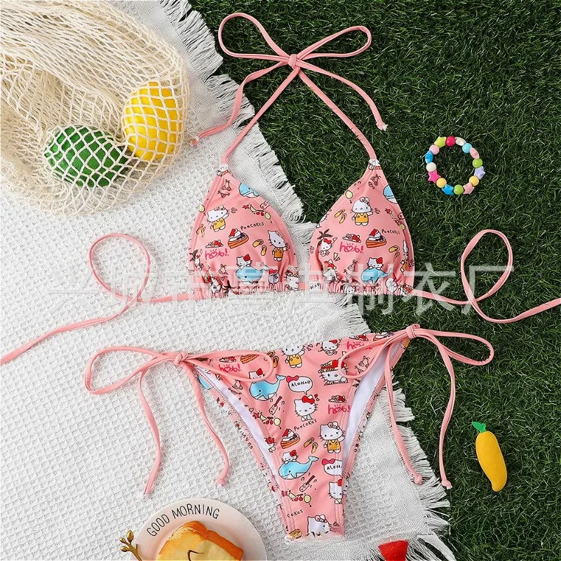 لطيف المرأة مثير قطعتين الدعاوى ملابس السباحة مرحبا كيتي طباعة بحر بيكيني مجموعة Kawaii الفتيات قابل للتعديل الملابس الداخلية الرياضية الصيف #2