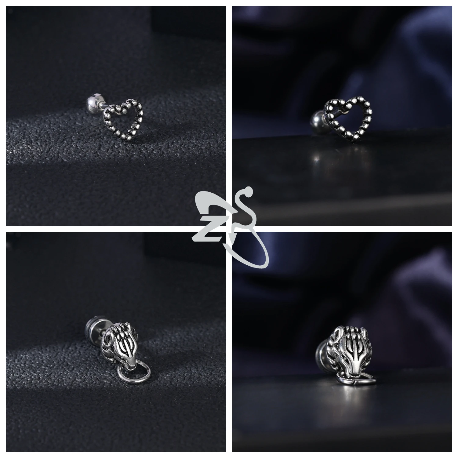 ZS 1-2pcs/lot Punk Stainless Steel Stud Earrings Skull Heart Butterfly Shape Ear Studs Cartilage Tragus Helix Piercings Jewelry