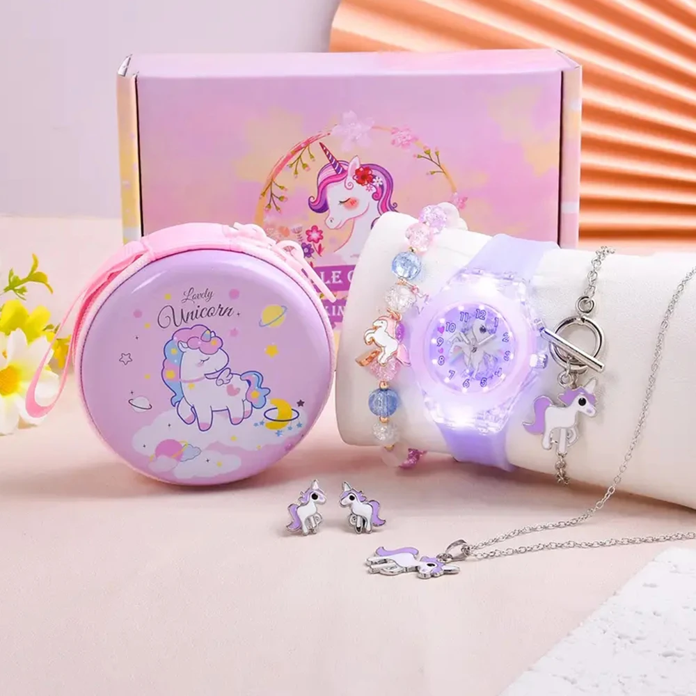 Set di orologi in silicone illuminato con unicorno stile caramello carino e bracciale pony: borsa per il trucco giocattolo gratuita inclusa
