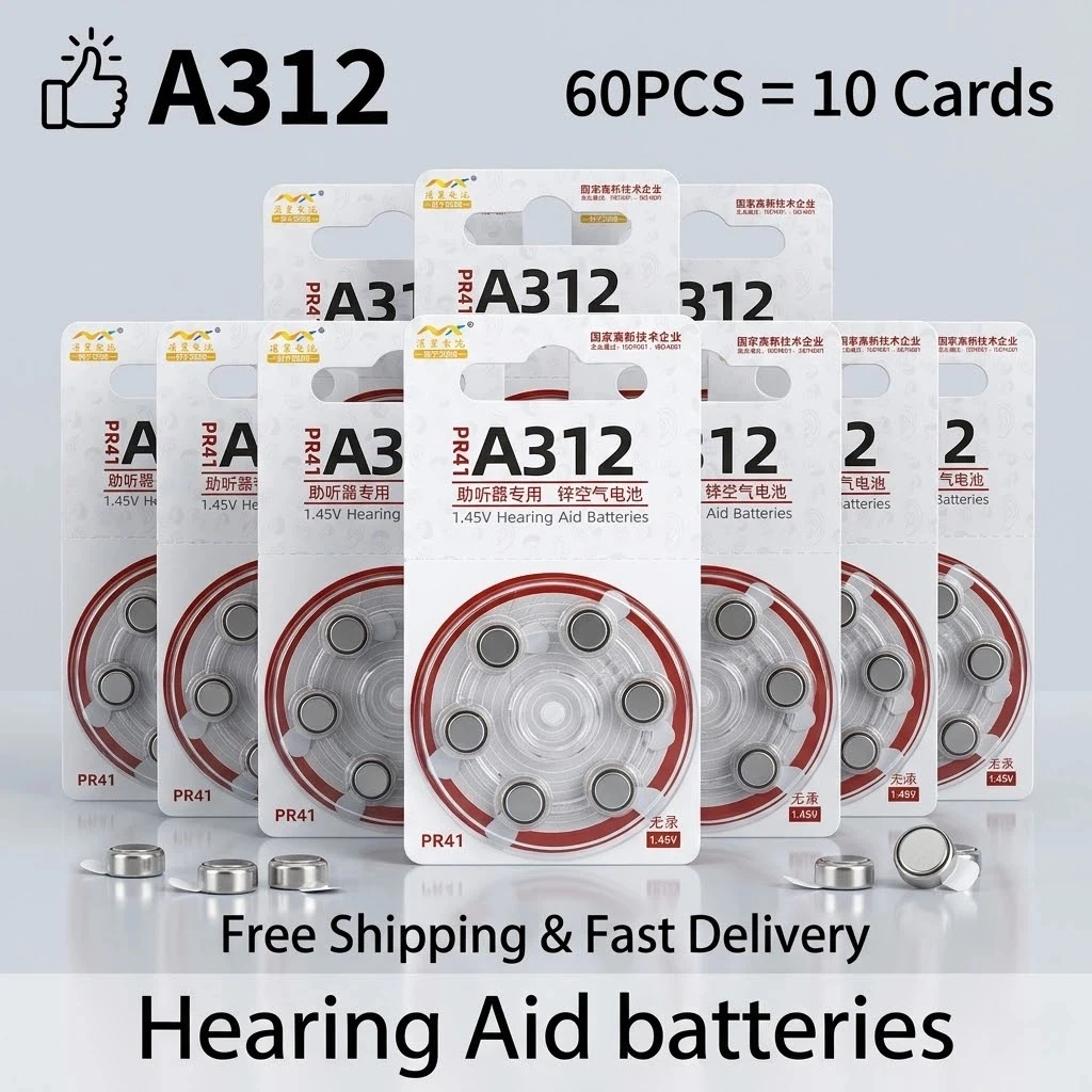 

60PCS Zinc Air Hearing Aid Batteries Size 312 A312 PR41 Button Cell For Ear Amplifiers