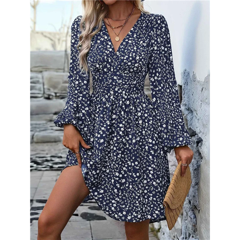 CYL-Damen-Elegantes Kleid mit V-Ausschnitt, langen Ärmeln, hoher Taille, Swing-Abschlussball, Cocktail, kurze Kleider