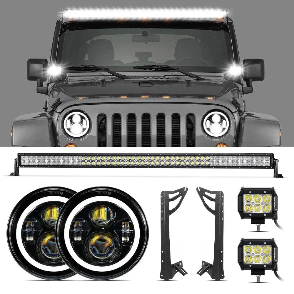 

Для Jeep Wrangler JK 2007-2017 52-дюймовый прямой светодиодный светильник, кронштейн на стойке A, 4-дюймовый светодиодный держатель рабочего фонаря, 7-дюймовые светодиодные фары