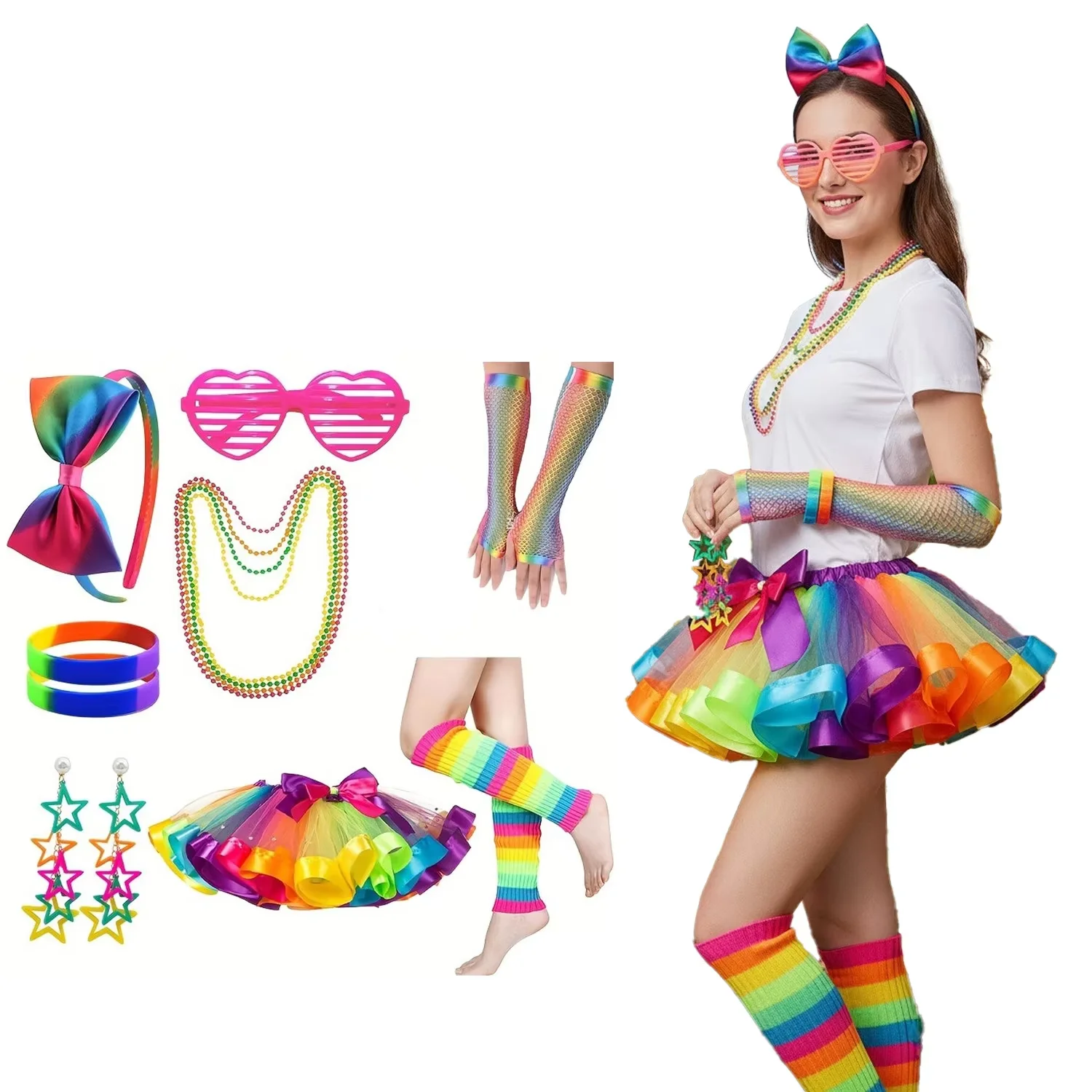 

PESENAR women's dress up accessories 80's head buckle earrings skirt kneepads bead chain and so on 9 pieces