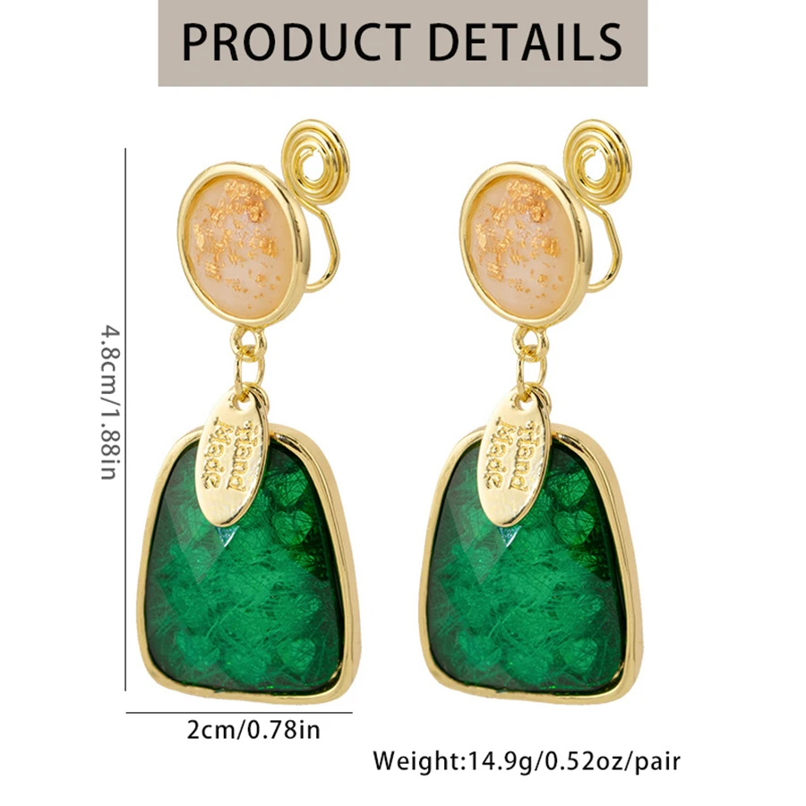 Fashion Contrast Green Retro Geometric Resin Earrings for Women\'s Non Pierced Mosquito Coil Ear Clips Daily Party Jewelry