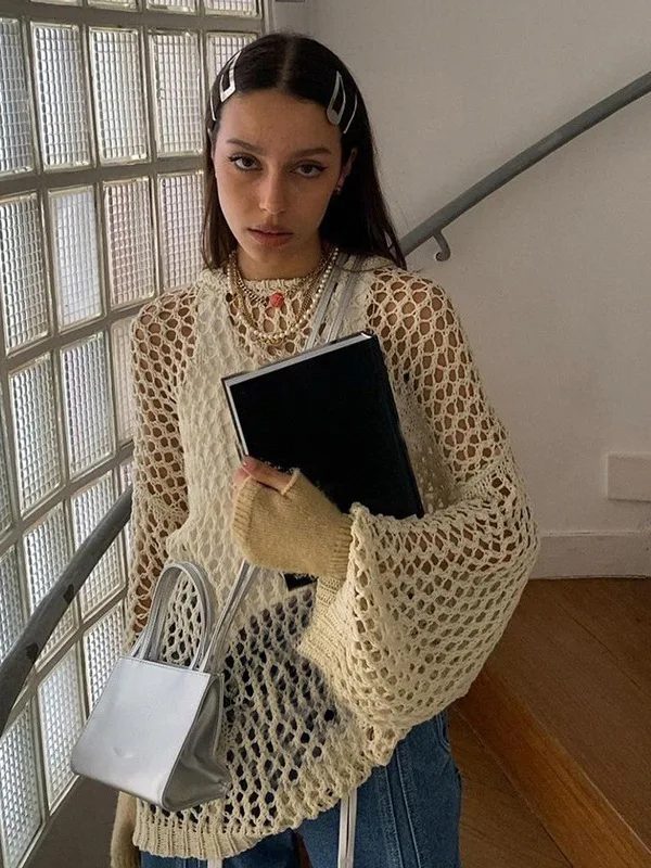 

Versatile Hollow Casual Simple Knitted Long Sve Sweater Street Sle Slim Fit Polyester Fiber round Ne Moisture ng