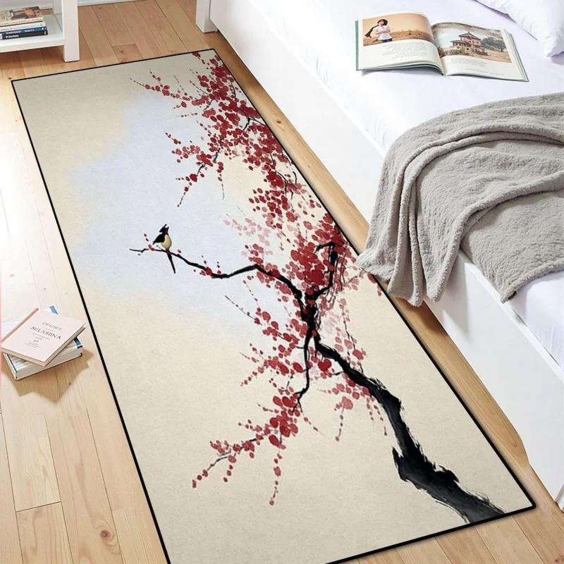 Oriental Plum Blossom Bird Runner Rug Traditional Chinese Ink Painting Print Non Slip Mat Elegant Carpet Bedside Hallway Decor