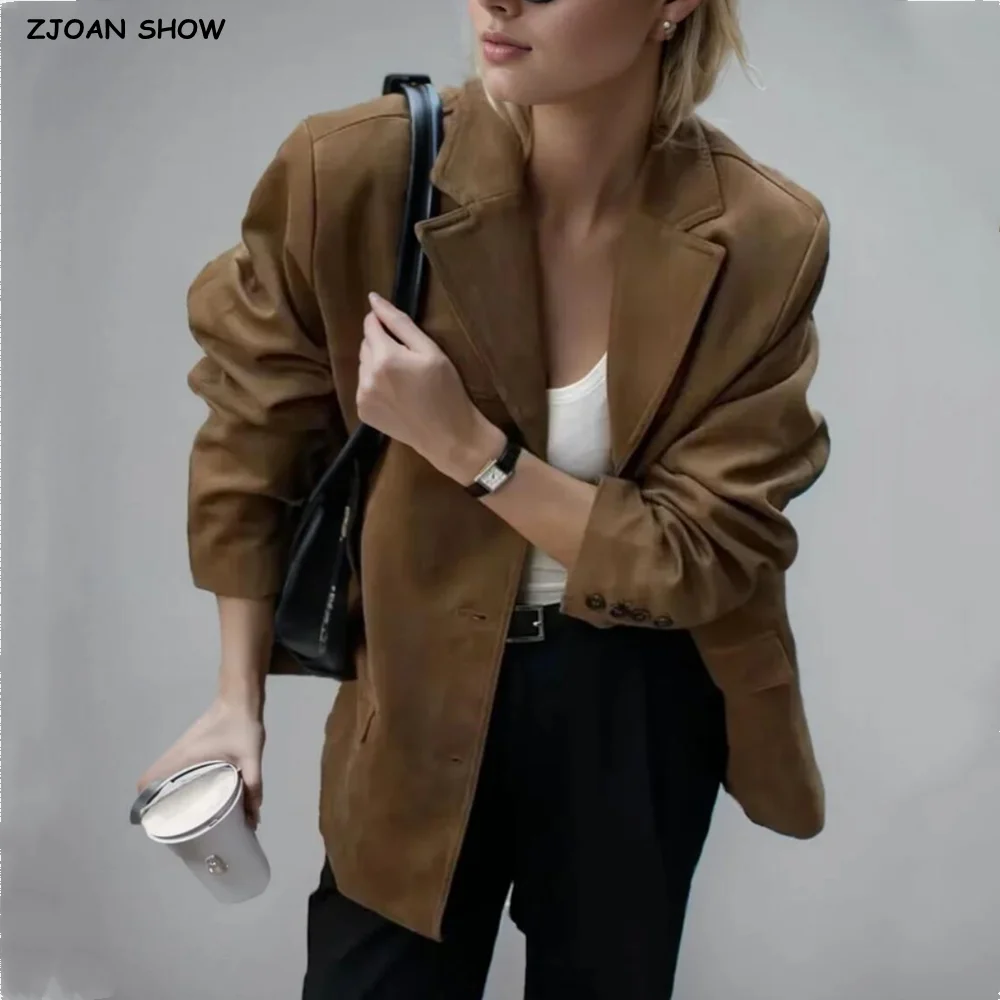 

2024 Chill Faux Suede Oversized Blazer Boyfriend Vintage Women Notched Collar Back hem Slit Loose Suit Fashion Coat