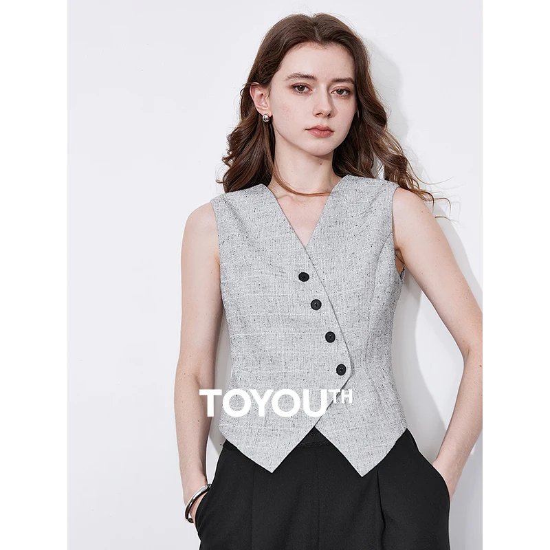 TOYOUTH Women Sleeveless Vest 2025 Spring New High End Old Money Style Cinched Waist V Neck Tank Tops