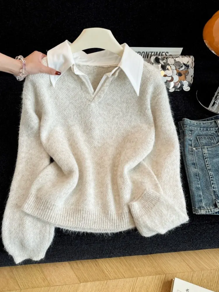 

Korean College Sle Knitted Long Sve Ne Sweater Women's Autumn Winter Faion Anti-Aging Two-Piece Set Base irt Top