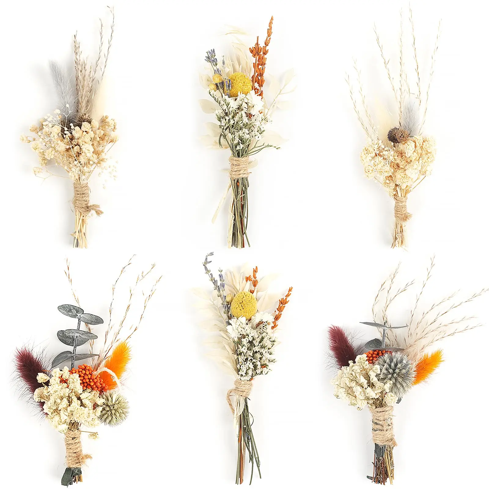 6PCS Mini Boutonnieres Flowers Natural Pampas Corsage Buttonhole Groomsmen Boutonniere for Men Wedding Accessories Home Decor