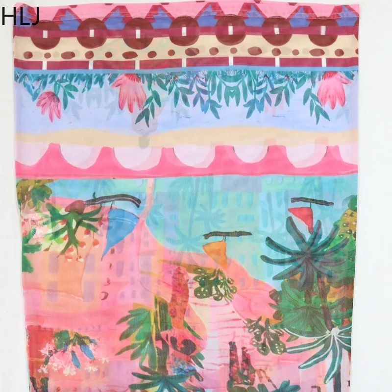 HLJ Summer Sexy Colorful Print 3 Piece Bikinis Set Spaghetti Strap Crop Top + Underpants + Maxi Skirts Suit Excluding Headscarf