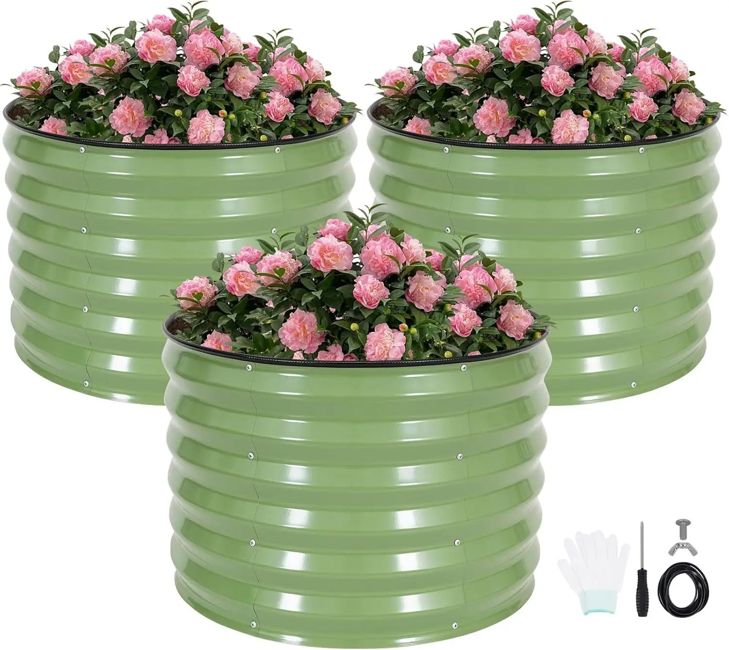 3 Pcs Round Galvanized Raised Garden Bed  221.4ft Planter Box Outdoor Raised Beds Kit for Gardening Vegetables, Fruits, Herbs, and Flowers, Olive Green