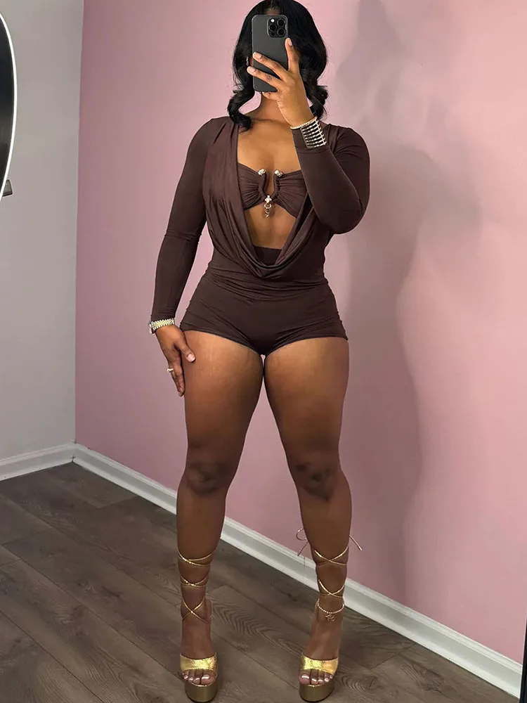 Sisterlinda Playsuits mit schwingendem Ausschnitt für Damen, einfarbig, mit Metalleinsatz, Ausschnitt, volle Ärmel, Stretch, sexy, schmal geschnitten, schick, trendige Clubwear – Detail 34