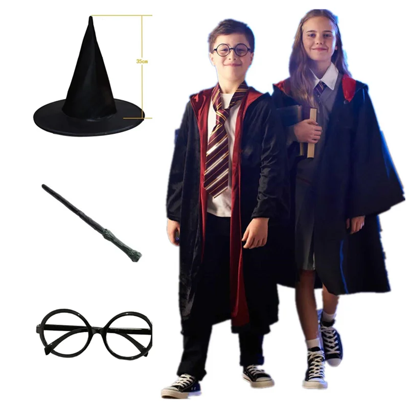 6Pcs Adult Children Harris Cloak Cosplay Costume Set Magic School Men\'s Women\'s Wizardry Clothing Cape Scarf Tie Glasses Hat