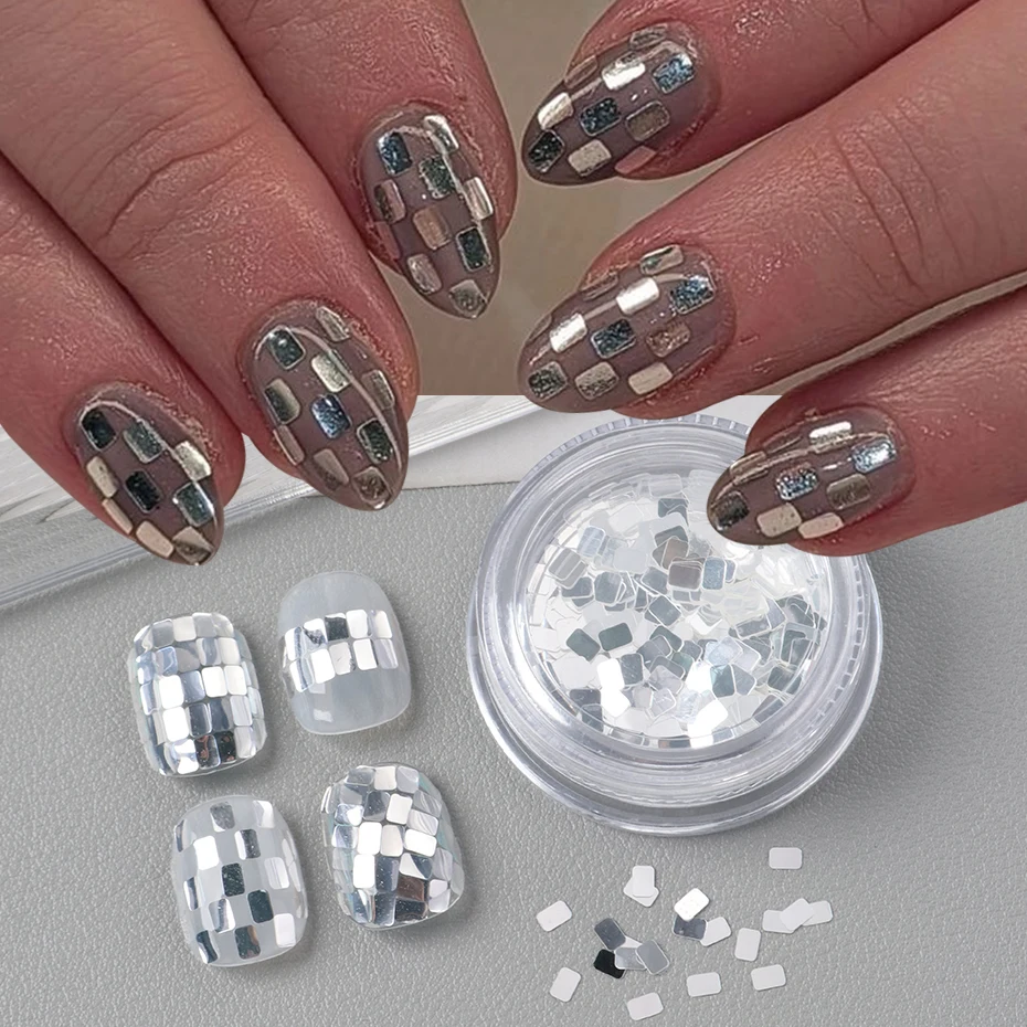 Glänzende silberne, quadratische, flachbodige Nagelpailletten im Y2K-Stil, modischer reflektierender Spiegeleffekt, DIY glitzernde Nagelglitter-Dekoration