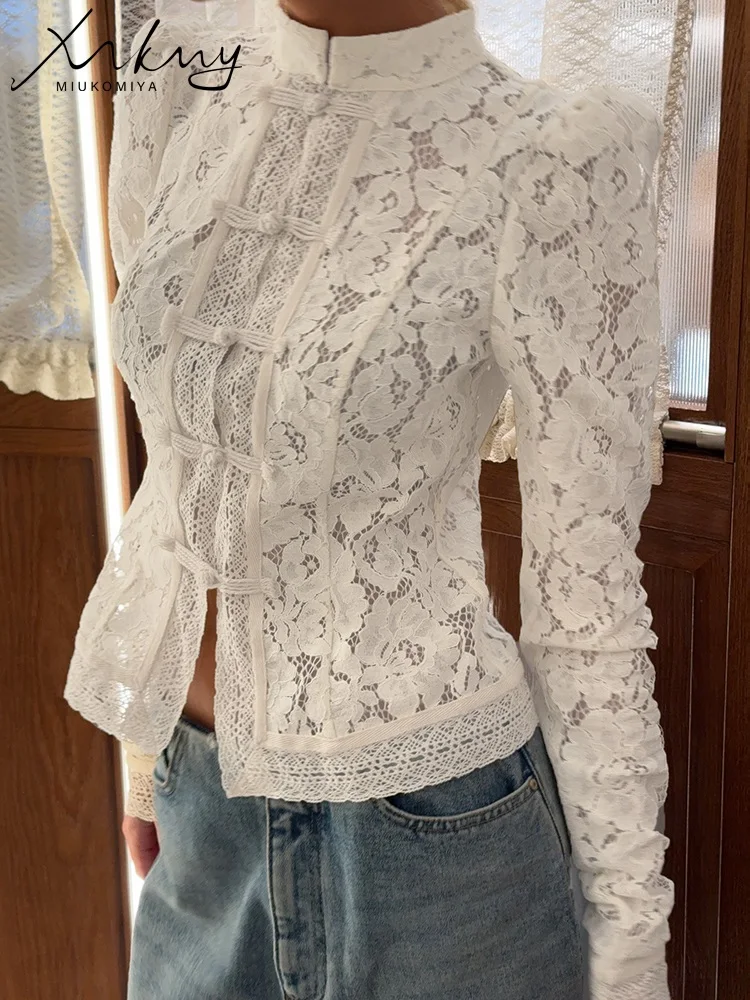 

Summer Hollow Out Lace Crochet Shirts Women Long Sleeve Slim Lace Floral Tops Beige For Women Retro White Shirts Ladies Elegant