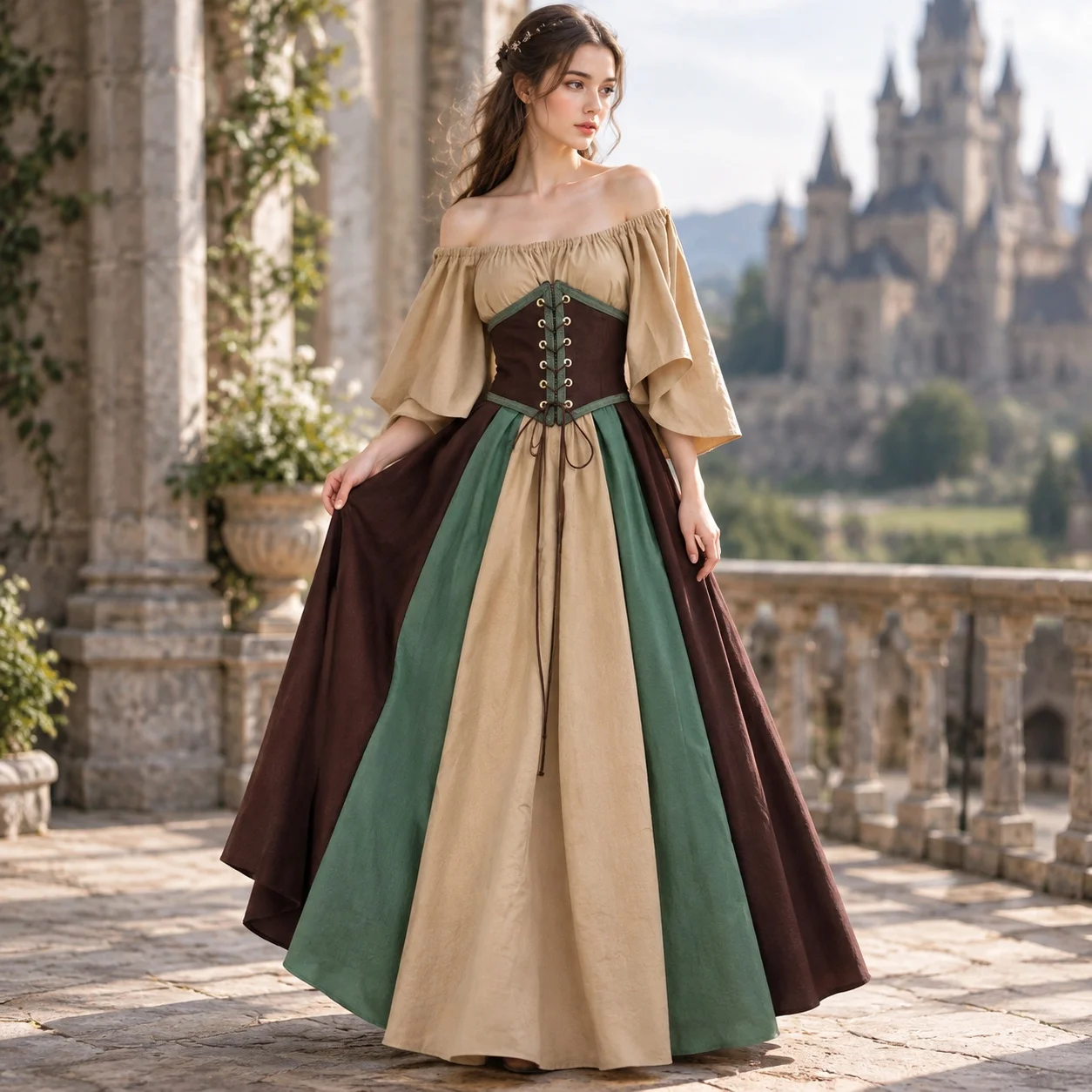 Off Shoulder Patchwork Dress Maxi Length Traditional Chinese with Design Dress One Shoulder Medieval Costume Belted Waist