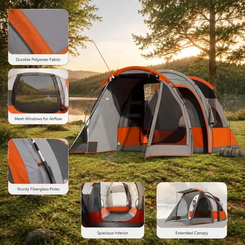 Tente tunnel pour 4 personnes, tissu polyester résistant, intérieur spacieux pour le camping familial et les festivals en plein air, installation facile, gris