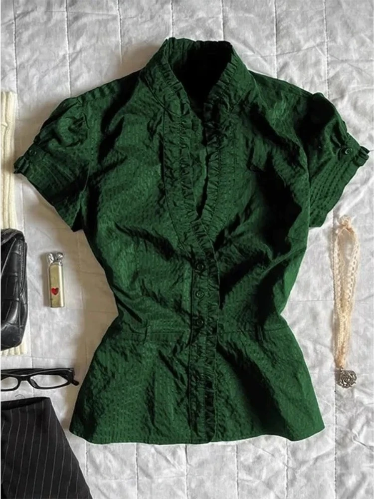 

Женская винтажная блузка с рюшами, рубашка с коротким рукавом, элегантная облегающая корейская мода, офисные женские топы, летние шикарные повседневные милые стильные топы