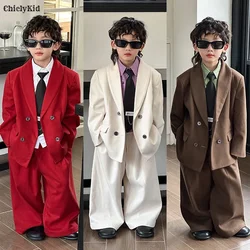 Boys Woollen Loose Blazer Jacket Pants Suits Kids Formal Dress Performance Casual Clothes Sets Child Toddler Party Leisure Suit