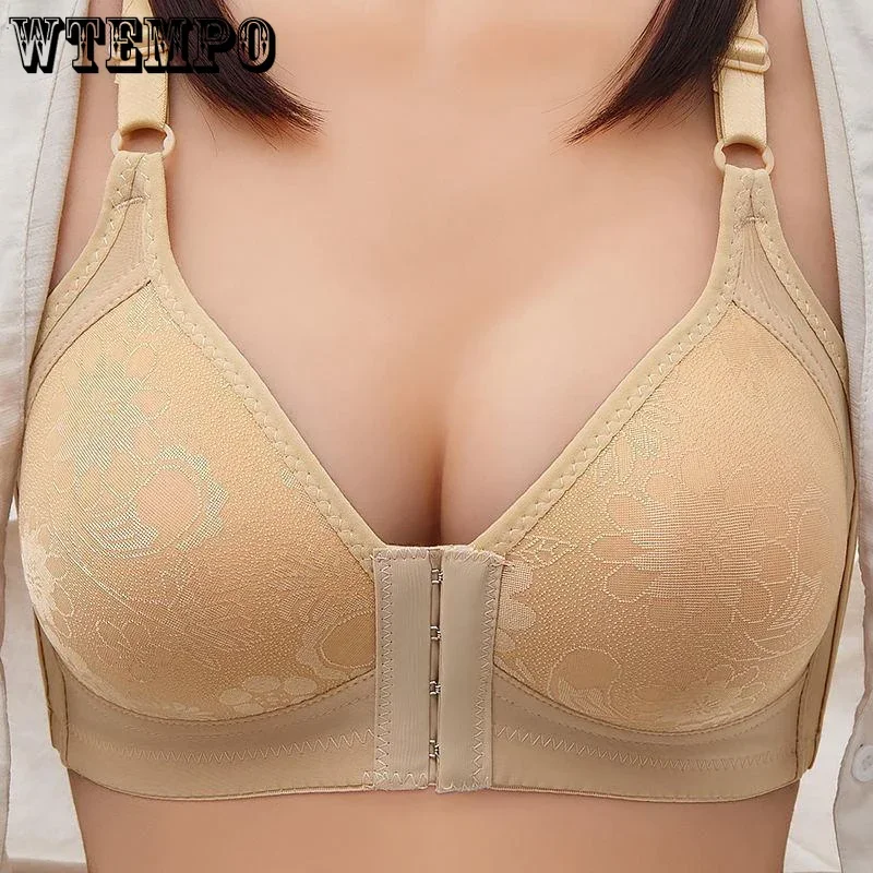 Sujetadores de talla grande para mujer, ropa interior de realce, cierre frontal Floral, sin costuras, Bralette Sexy, fino y grande