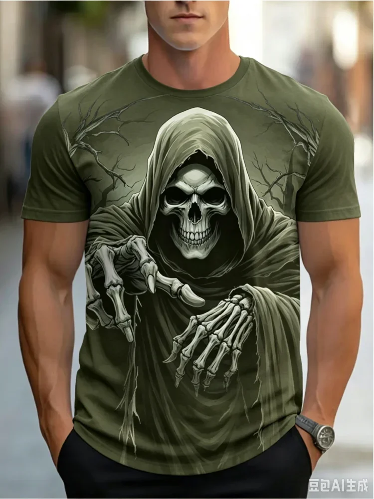 Vintage Men Grim Reaper Skeleton Print T‑Shirt Dark Gothic Skull Reaper Crew Neck Short Sleeve Halloween Casual Tee Party Tops
