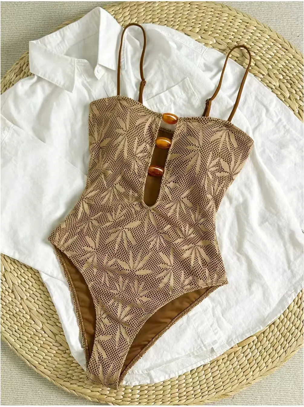 Women Leaf Mesh Textured One Piece Suits Swimsuit Front Amber Bead Cutout Spaghetti Strap High Cut Swimsuits Swim Bodysuit