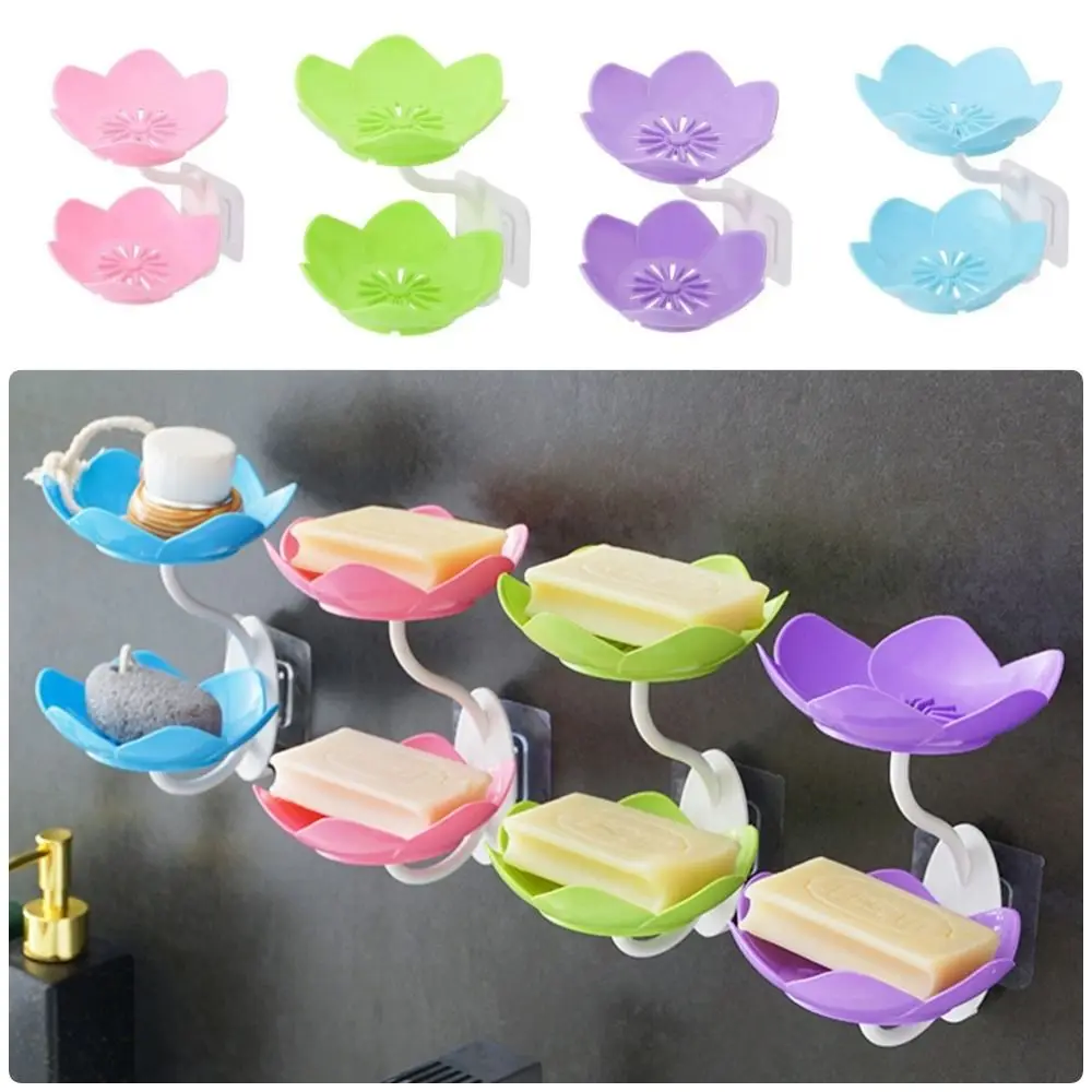 Double Layer Flowers Lotus Shape Draining Soap Dish Soap Box Plate Holder Portable Punch-free Soap Tray Bathroom Accessories