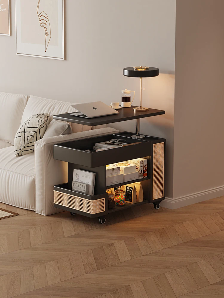 Small apartment movable lifting side table solid wood rattan 2024 new sofa side table small coffee table black trolley