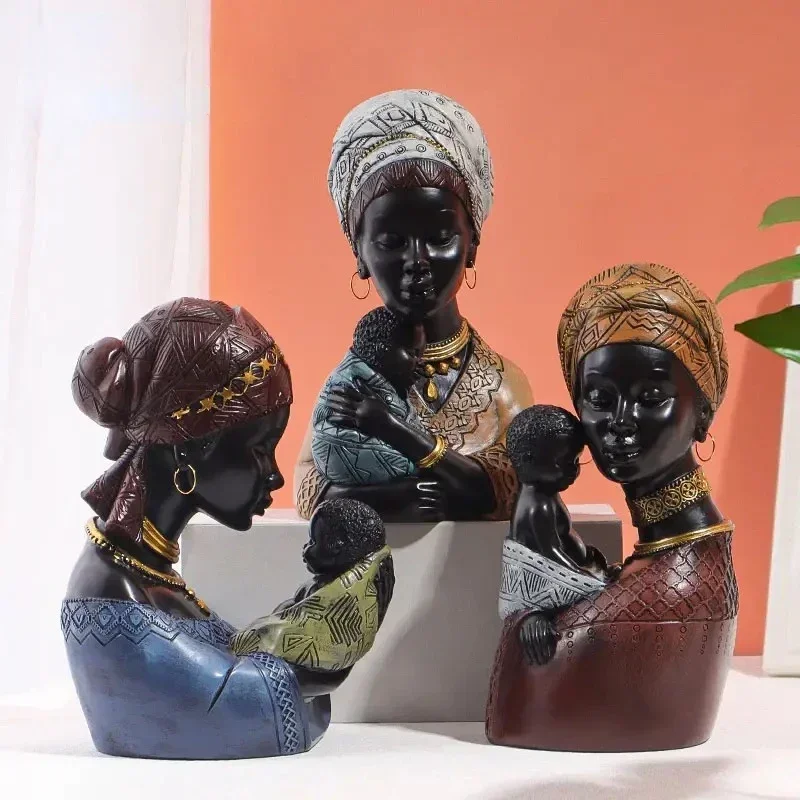 African Tribal Exotic Ornaments Retro African Black Women Figurines Vintage Character Statue Resin Art Figure for Interior