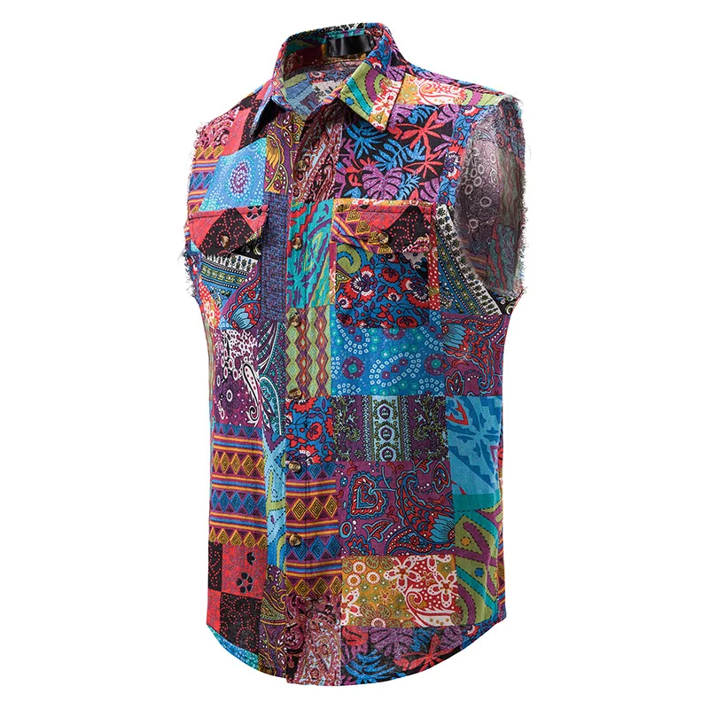 African Print Double Pocket Sleeveless Shirt Men Hip Hop Cowboy Button Down Cotton Vest Shirts Mens Hippie Beach Hawaiian Blouse