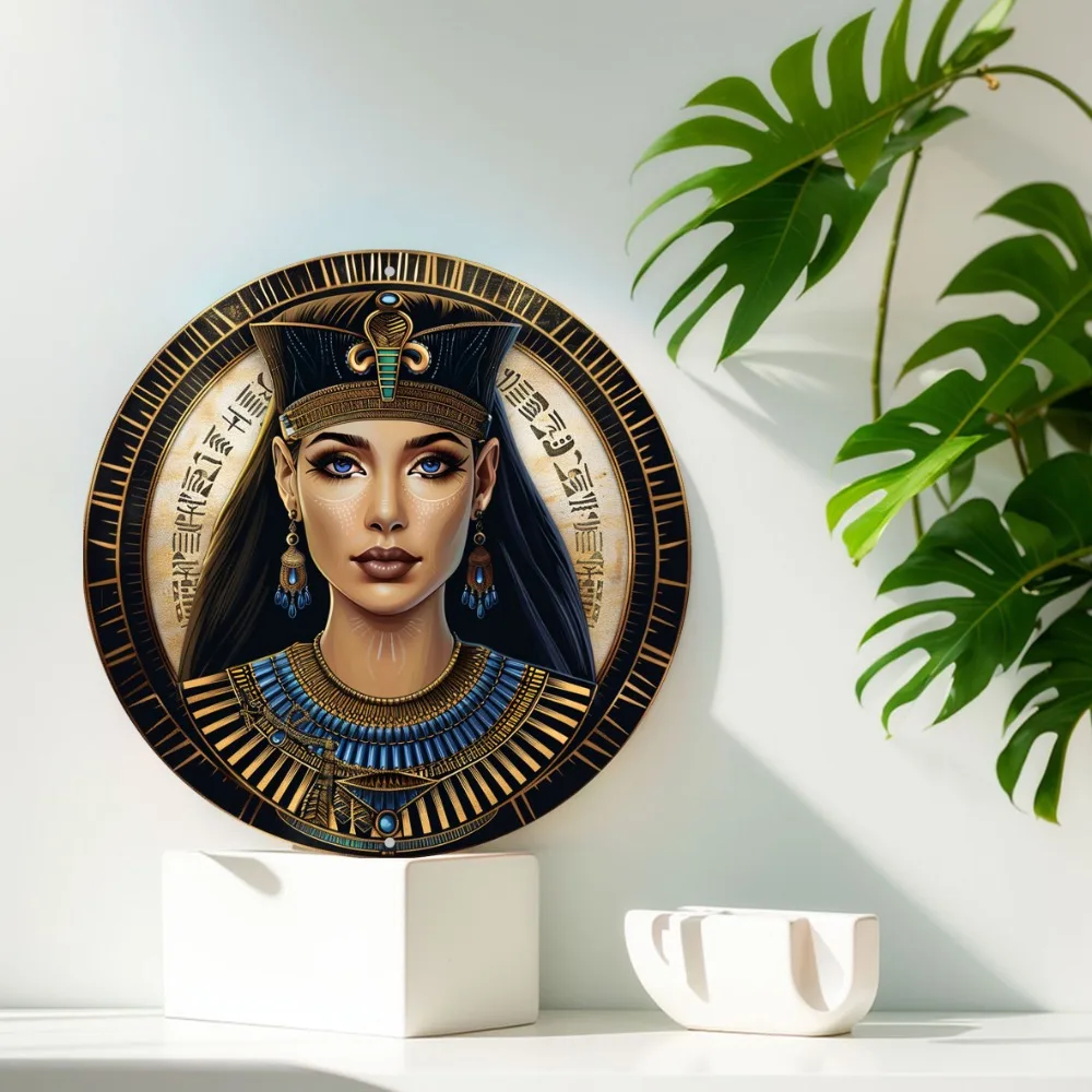 2D Round Aluminum Flat Sign, Egyptian Queen Mask Themed Decoration Office Room Home Decorations, Holiday Gifts, Wall Art Decor