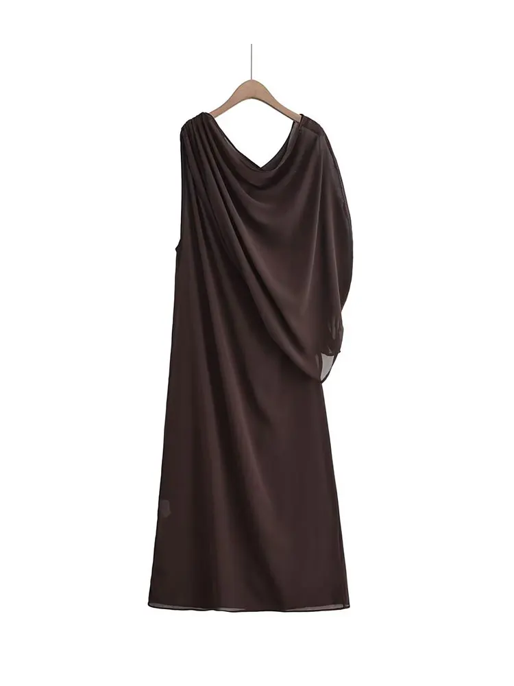 فستان سهرة للخريف من NLZGMJS بتصميم مطوي فساتين سادة للنساء بدون أكمام فستان طويل أنيق ميدي