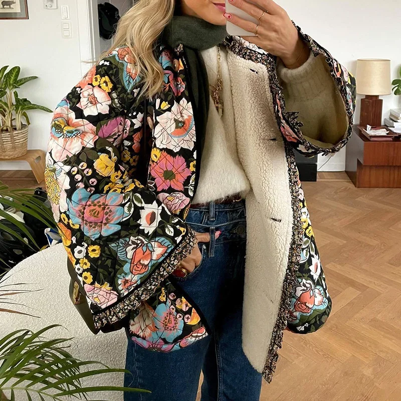 Neue Frauen Fleece Dicke Warme Langarm Stepp Jacke Vintage Floral Blume Gedruckt Baumwolle Mantel Herbst Winter frauen Kleidung