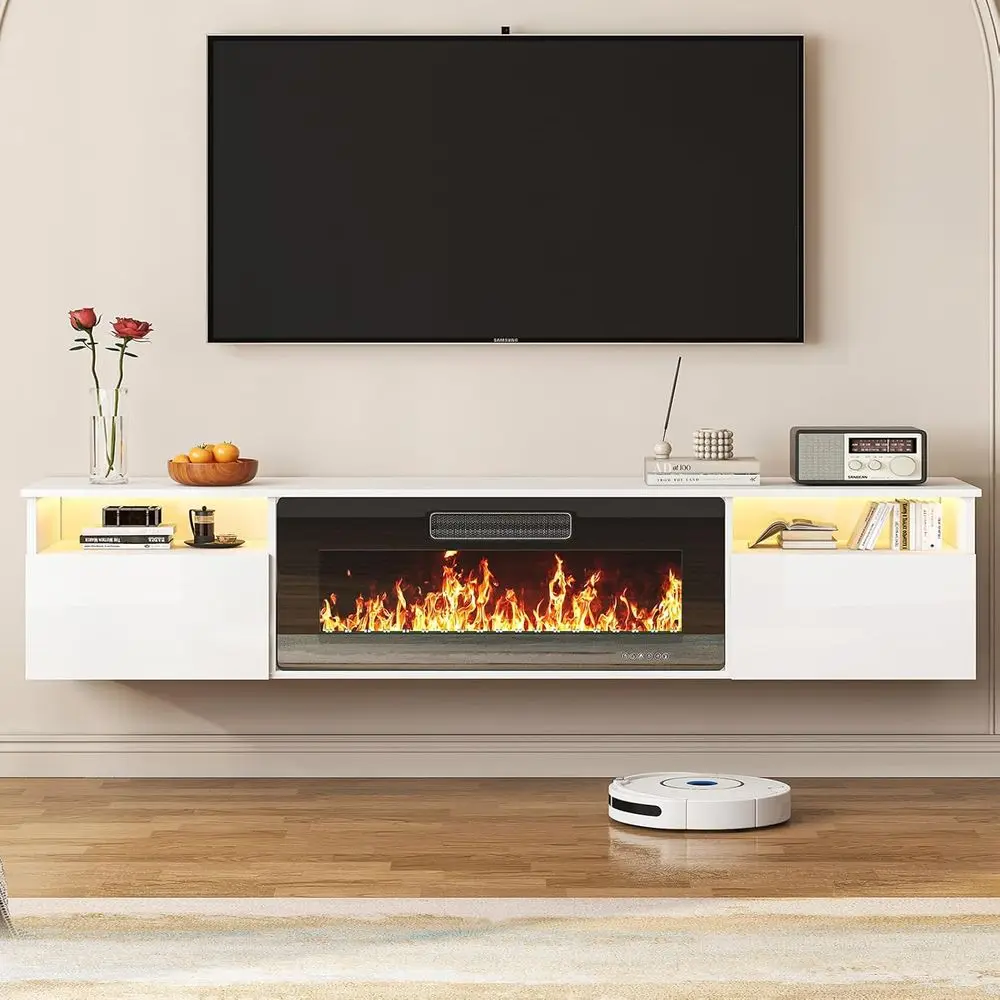 

Floating TV Stand with 36 Electric Fireplace Heater, High-Glossy Entertainment Center & Media Console with LED Ambient Light, fo