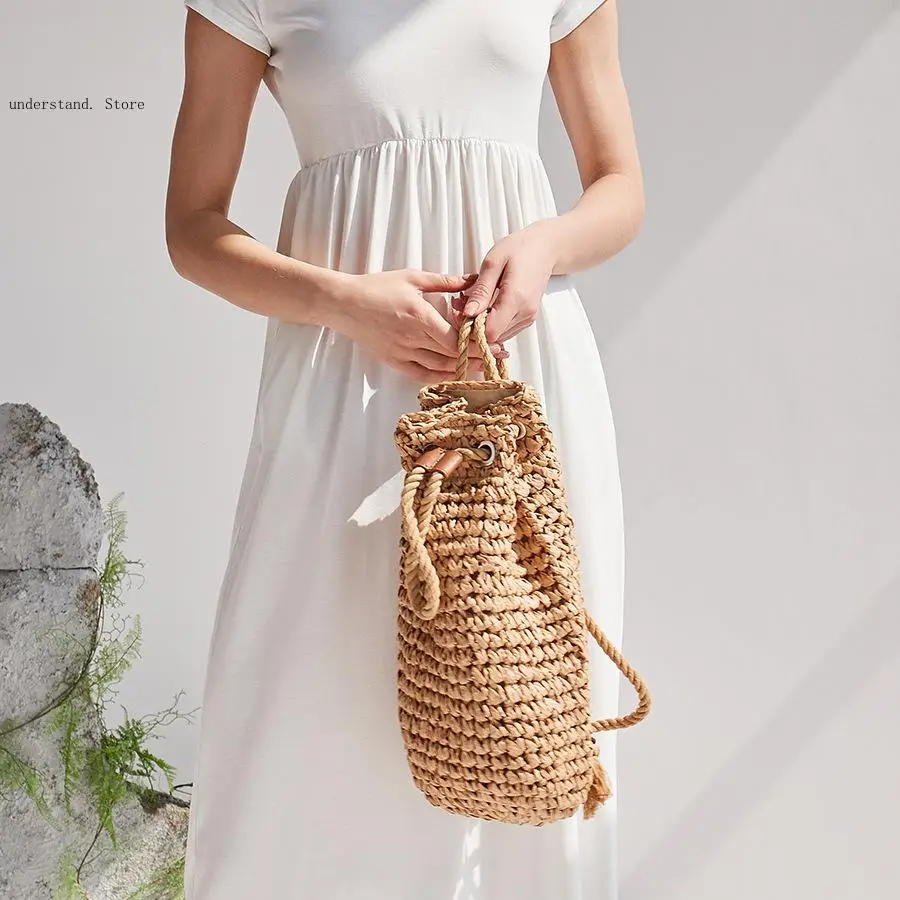 Picture 4: Handmade Drawstring Beach Shoulder Bags Raffia Rattan Woven Travel Handbags Bali Lady Backpacks Summer Straw Backpack for Women