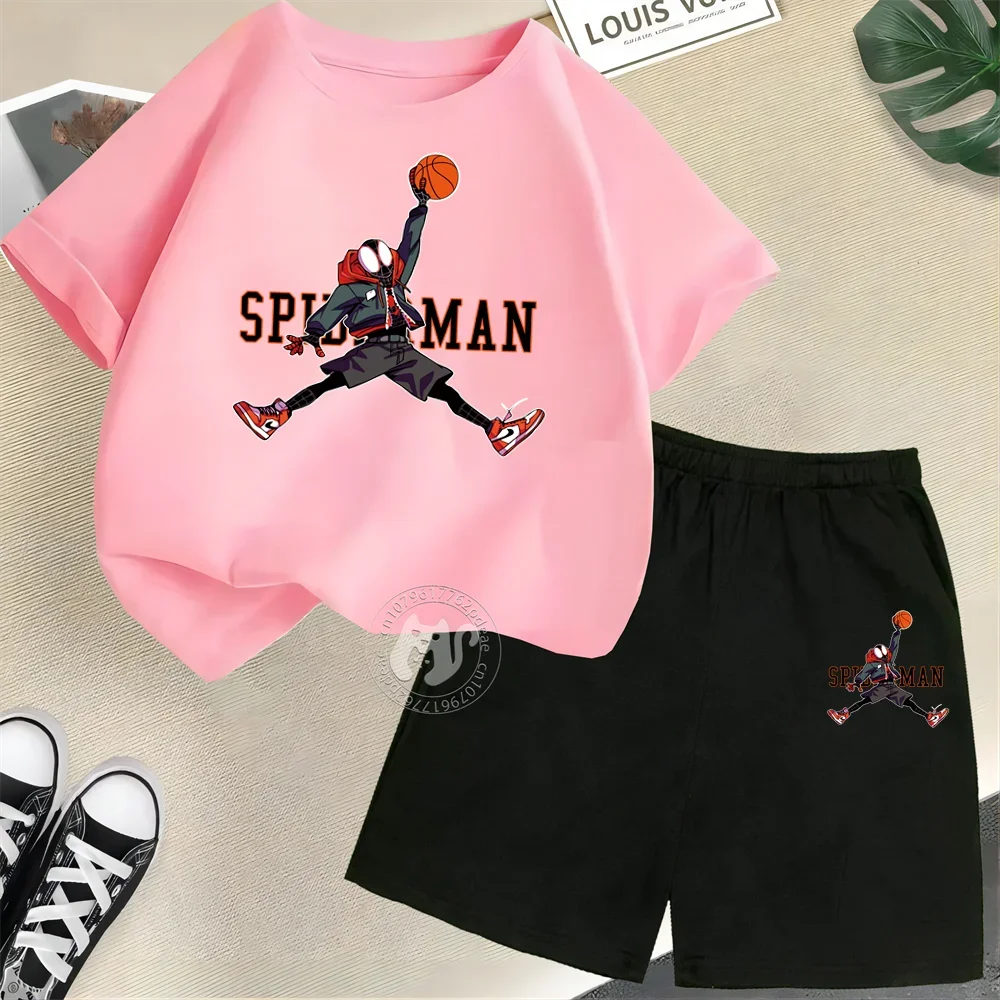 Summer Kids 100% cotton Short sleeve T-shirt + Shorts Boys Girls Spiderman Jump Play Basketball printed street casual suit