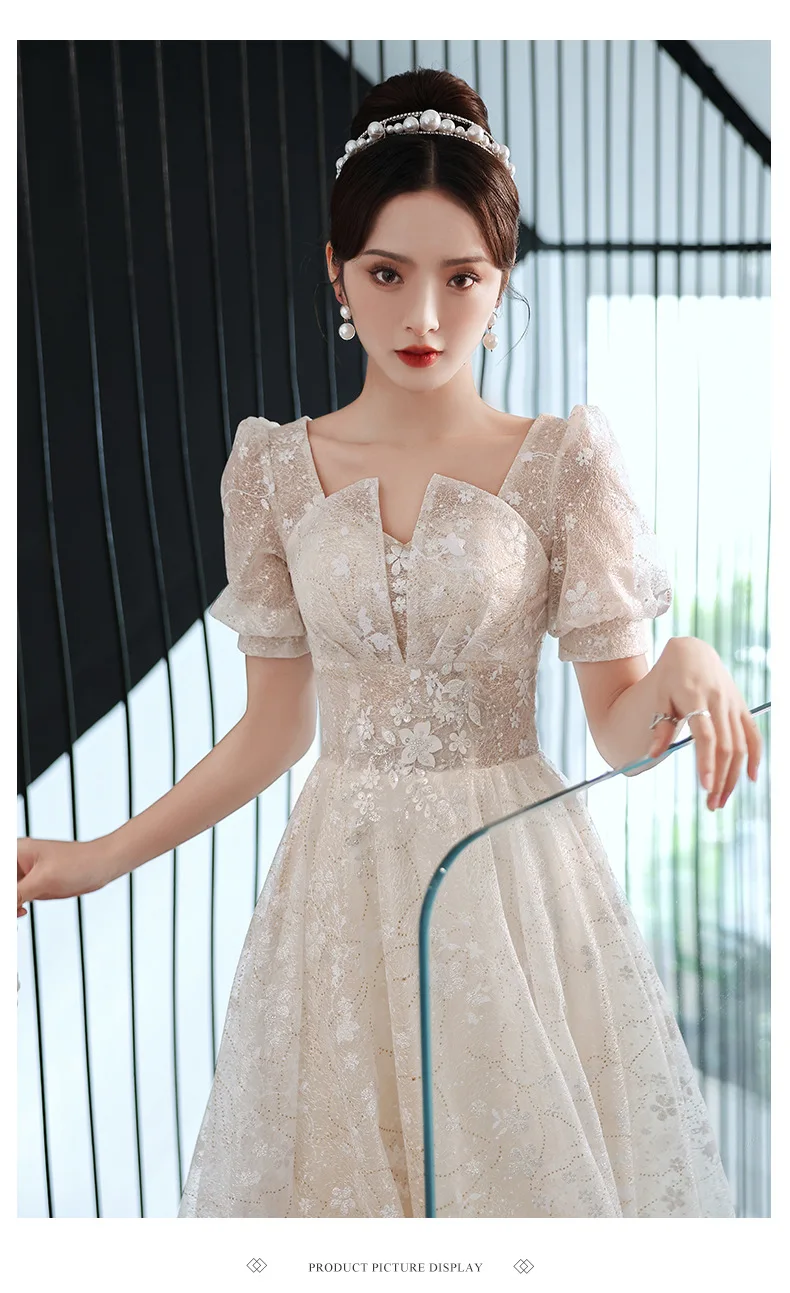 Flower Bride Wedding Cheongsam Pleated Fairy Celebrity Evening Banquet Dress Floor Length Sexy Qipao Puff Sleeve Robe De Soiree