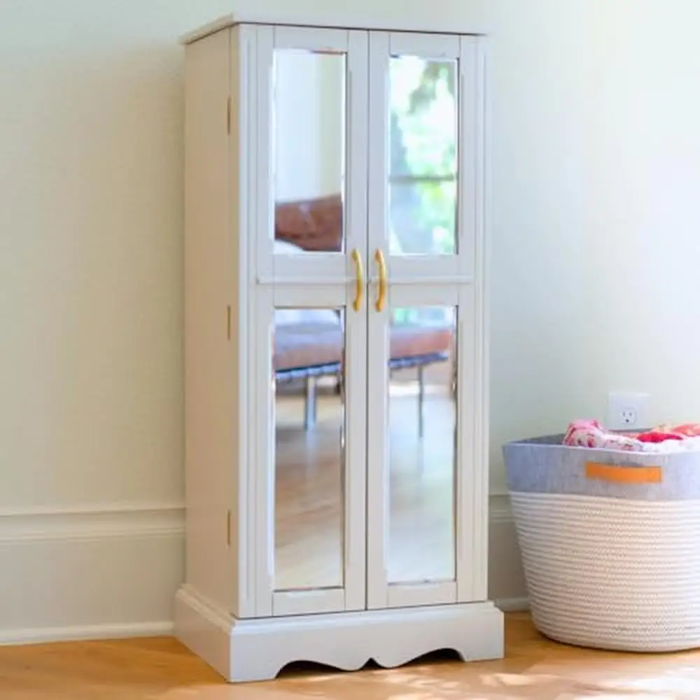 White Jewelry Armoire with Mirrored French Doors 7 Drawers 8 Necklace Hooks Vanity Mirror Cord Management Anti-Tarnish Lining