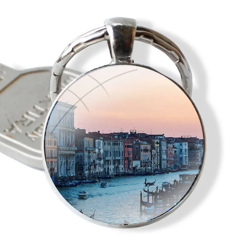 Water City Venice Italy Sunset Keychain Glass Cabochon Metal Pendant Classic Men's Women's Keyring