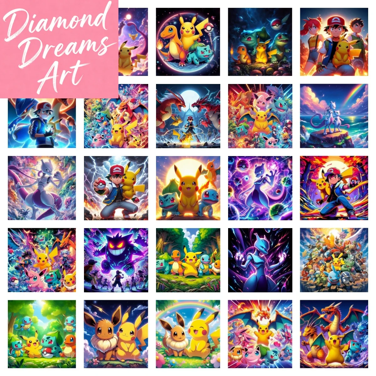 2026 Neues Pokémon Pikachu Mewtwo Ash Ketchum Quadratisches Rundes Diamant-Malset DIY Kreuzstich Handgemachtes Kunsthandwerk Heimdekoration Geschenk