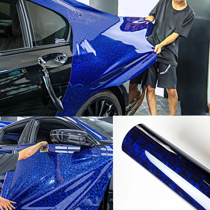 Premium PET High Gloss Blue Forged Carbon Fiber Vinyl Wrap Film Roll Air Release Self Adhesive Car Decal Sticker Wrapping