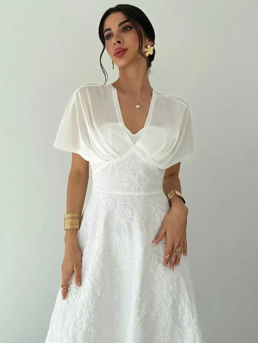 

Elegant White Mesh Patchwork High Waist Flared Midi Dress With V Neck And Short Sleeves For Party Wedding Daily Wear