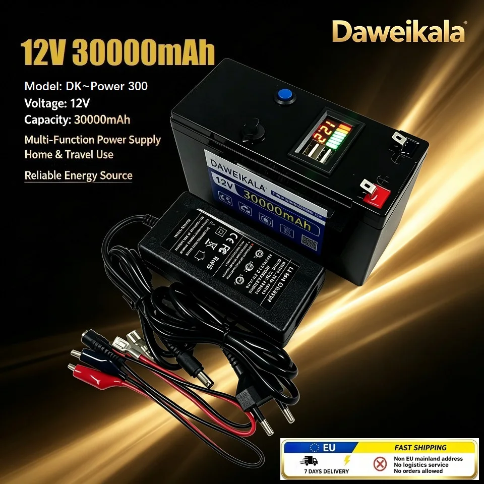 12V 30000mAh wiederaufladbares Lithium-Batterie-Set mit Leistungsanzeige, tragbare Stromversorgung für Outdoor-Camping, CCTV-Kamera, LED-Licht, Notstromversorgung für zu Hause, EU-Lager, 7 Tage