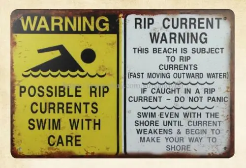 home decor Warning Possible Rip Currents Swim With Care metal tin sign