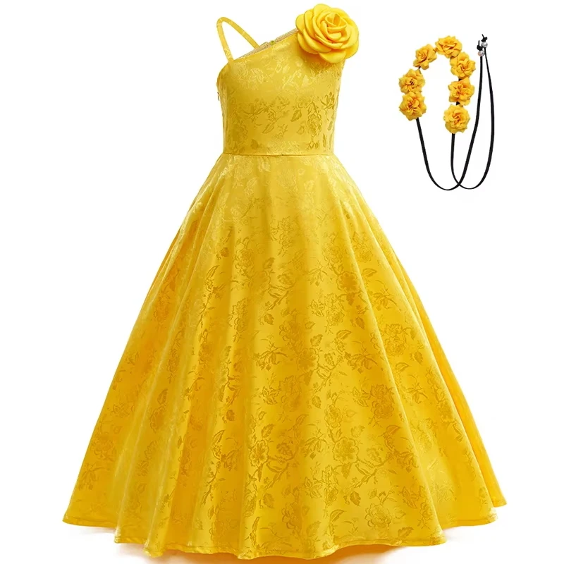 Girls Elegant Long Dress Yellow One Shoulder Embroidered Carnival Party Outfit Animation Movie Same Style Casual Dress